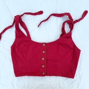 Free People Red Button Down Crop Top w/ Tie Straps Boho Cottagecore Summer Beach